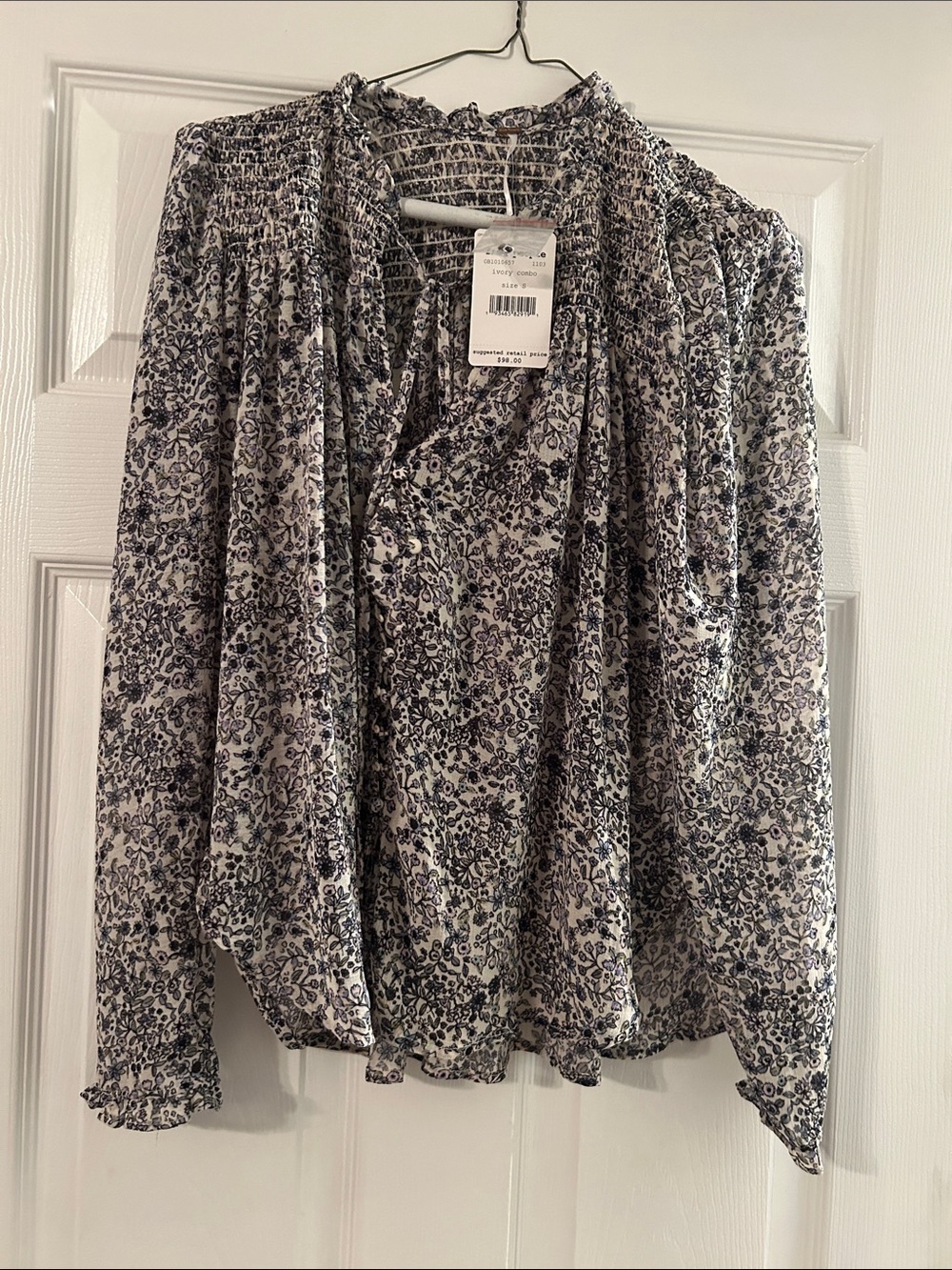 Free People Navy Floral Smocked Blouse on White